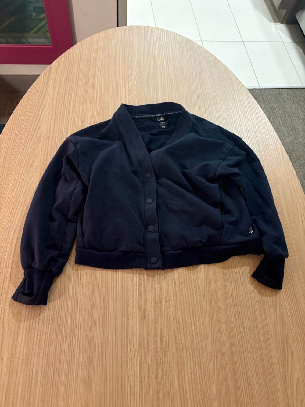 Athleta Girl RetroChill Cardigan XS Xtra Small 6 Navy Blue Long Sleeve Snap Up